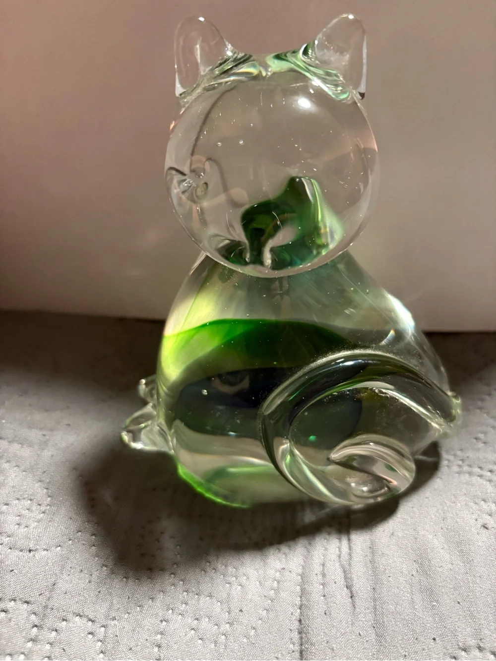 Clear Glass Cat Figurine with Green and Blue Swirl - Brand Unbranded